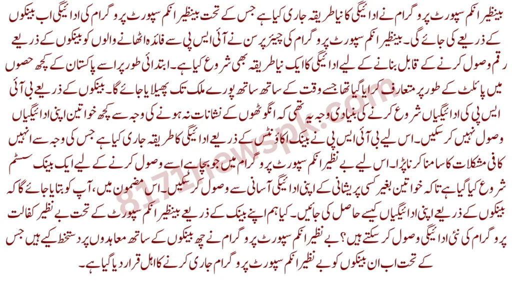 بینظیر انکم سپورٹ پروگرام نے ادائیگی کا نیا طریقہ جاری کیا ہے جس کے تحت بینظیر انکم سپورٹ پروگرام کی ادائیگی اب بینکوں کے ذریعے کی جائے گی