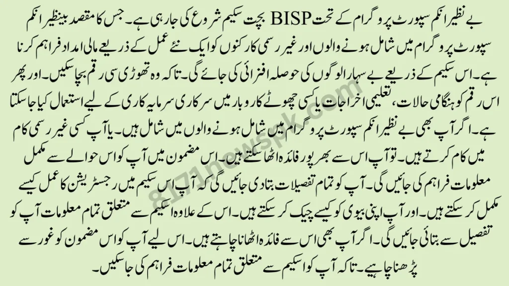 بے نظیر انکم سپورٹ پروگرام کے تحت BISP بچت سکیم شروع کی جا رہی ہے۔ جس کا مقصد بینظیر انکم سپورٹ پروگرام میں شامل ہونے والوں اور غیر رسمی کارکنوں کو ایک نئے عمل کے ذریعے مالی امداد فراہم کرنا ہے۔