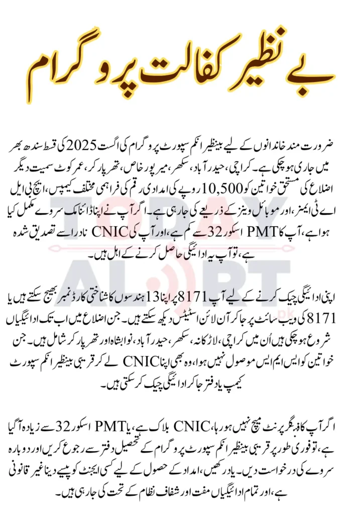 BISP 8171 Payment Schedule August 2025 in Sindh District Wise