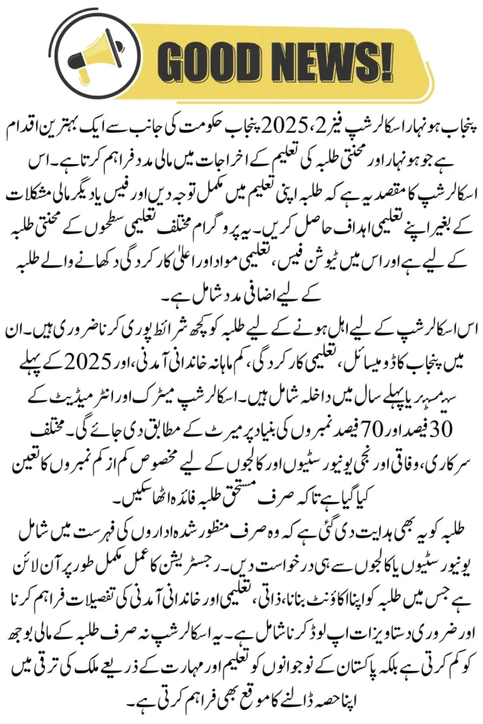 Punjab Honhaar Scholarship 2025 Phase 2 Approved Institute List