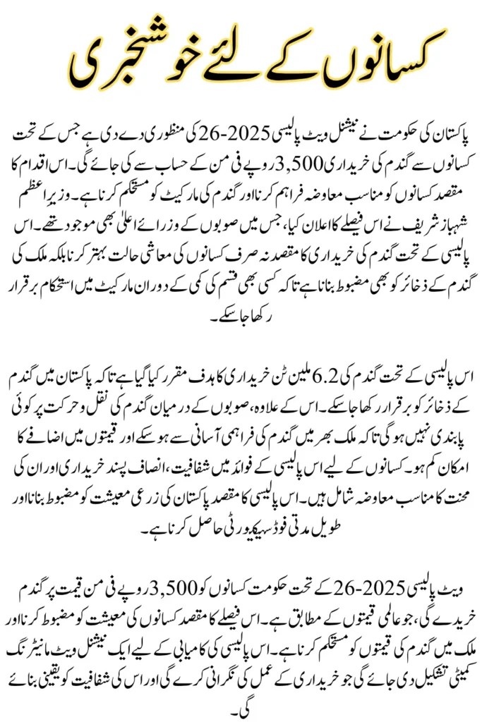 Government Approves Wheat Policy 2025-26: Farmers to Receive Rs3,500 per Maund